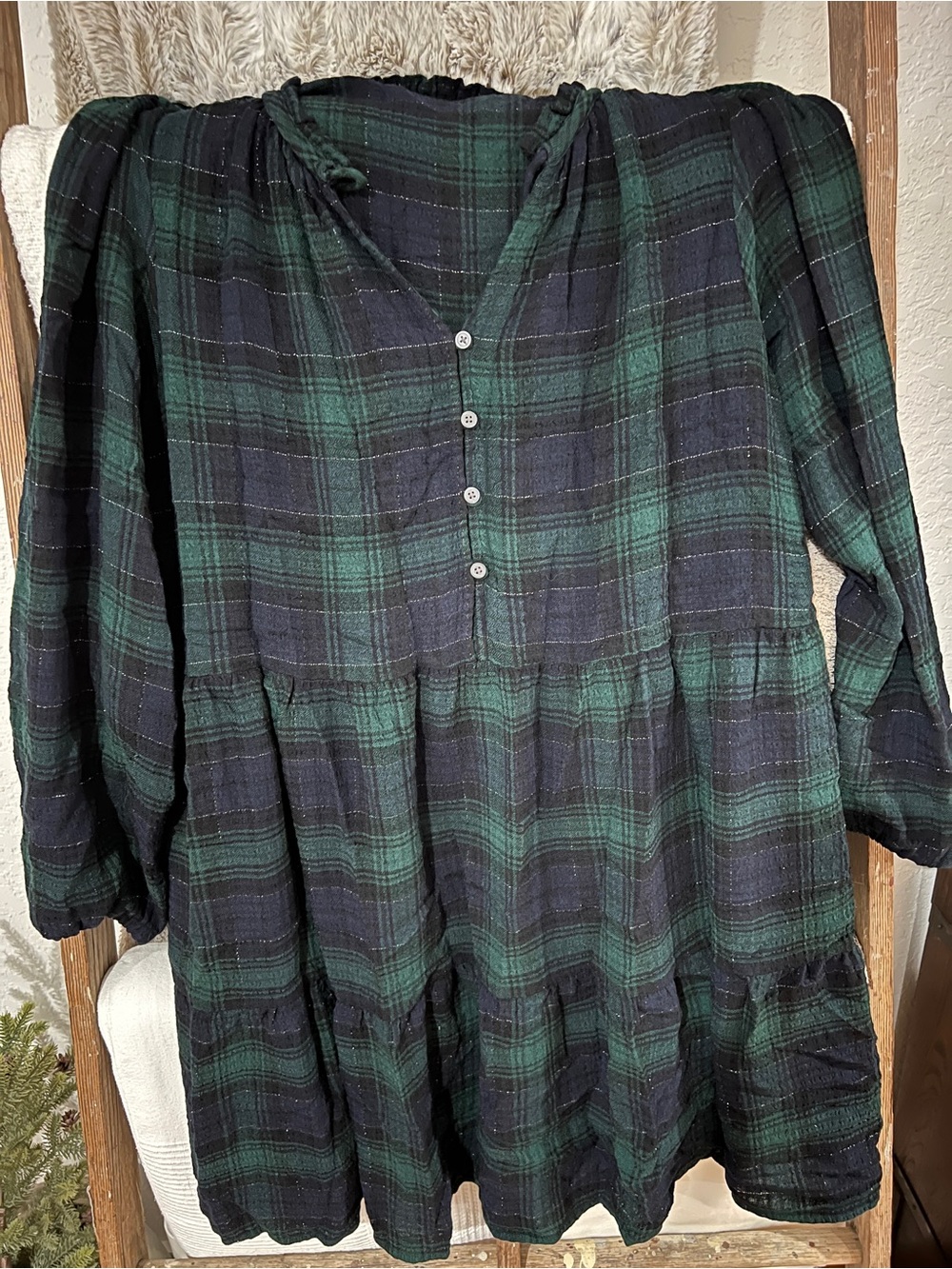 Plaid Button-Front Peasant Top - Green/Black/Navy
